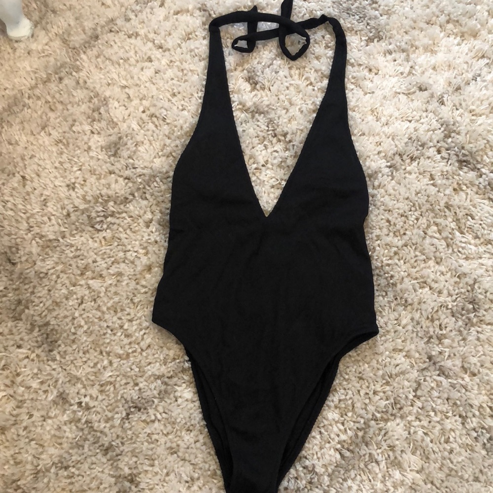 Aerie Black Ribbed Cut V-neck halter one-piece
